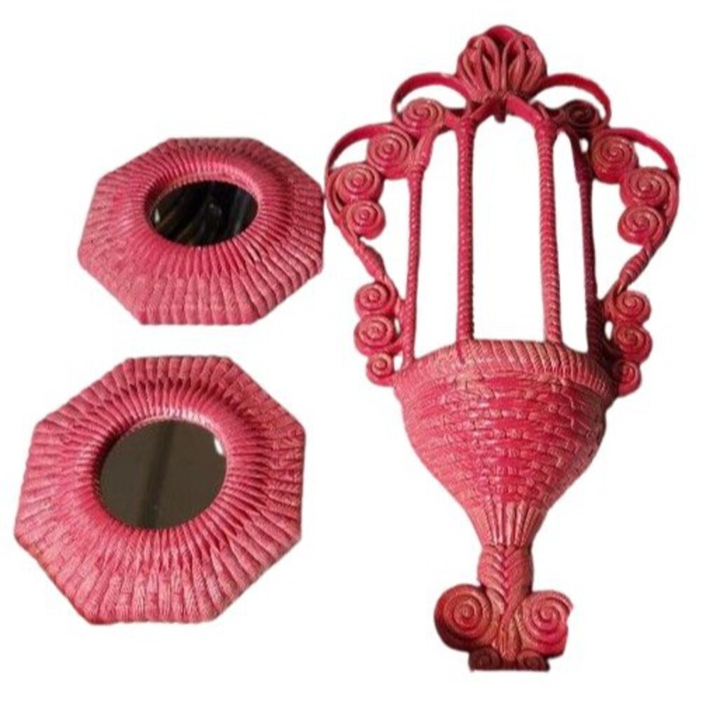 T5 3 Piece Vintage 1972 Bur wood Large Wall Planter Mirrors Decor #1628 Pink